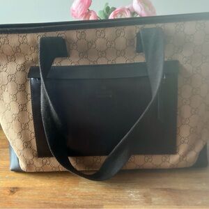 Pre-Loved Gucci Beige GG Canvas Tote with Brown Leather Trim and Brown Straps